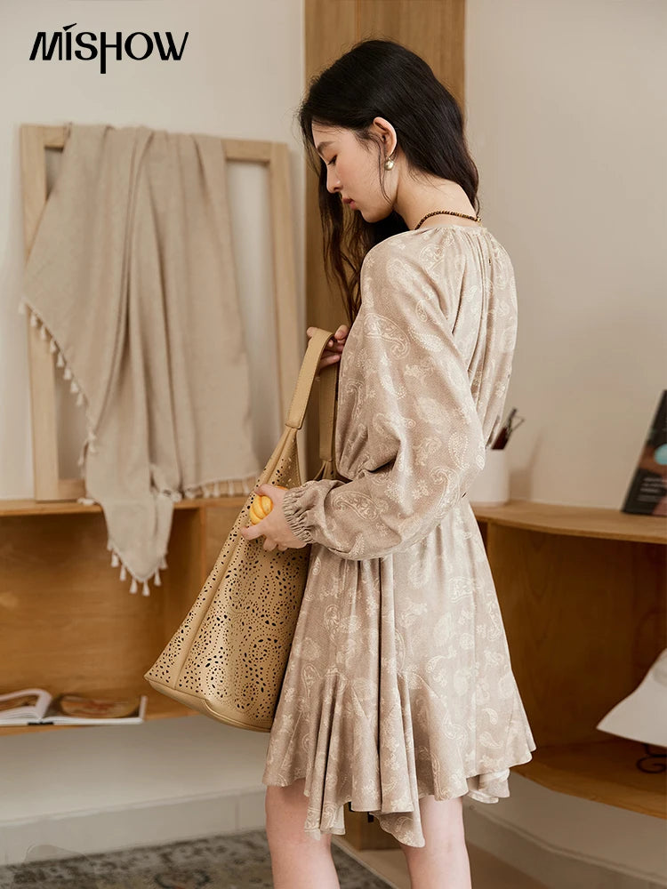 MISHOW Cashew Flower Dress Woman 2025 Autumn Retro Waist Irregular Hem Mid-length Dress Commuter Long Sleeves Dress MXE48L2513
