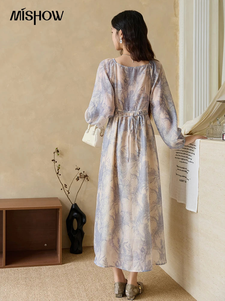 MISHOW Woman Elegant Dress 2025 Autumn Romantic Blue Floral Dress Lace Panel Drawstring A-line Long Dress Autumn MXE45L2507