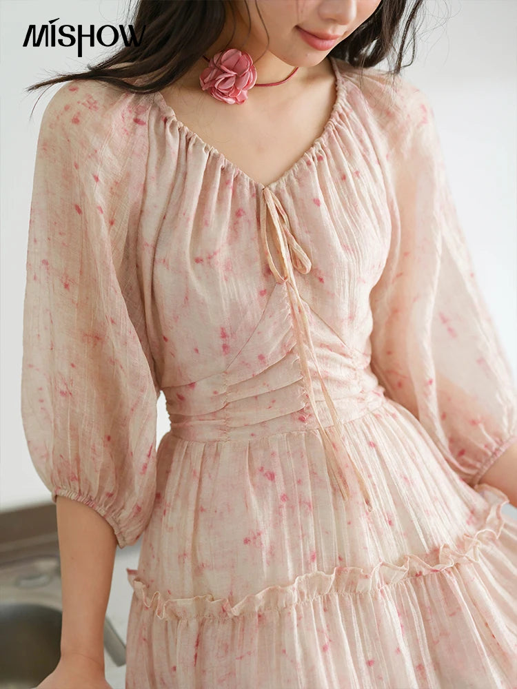 MISHOW Korean Women's Floral Pink Dress Autumn Convertible V Neck Off Shoulder Bubble Sleeves Elastic Waist Dresses MXE41L2479
