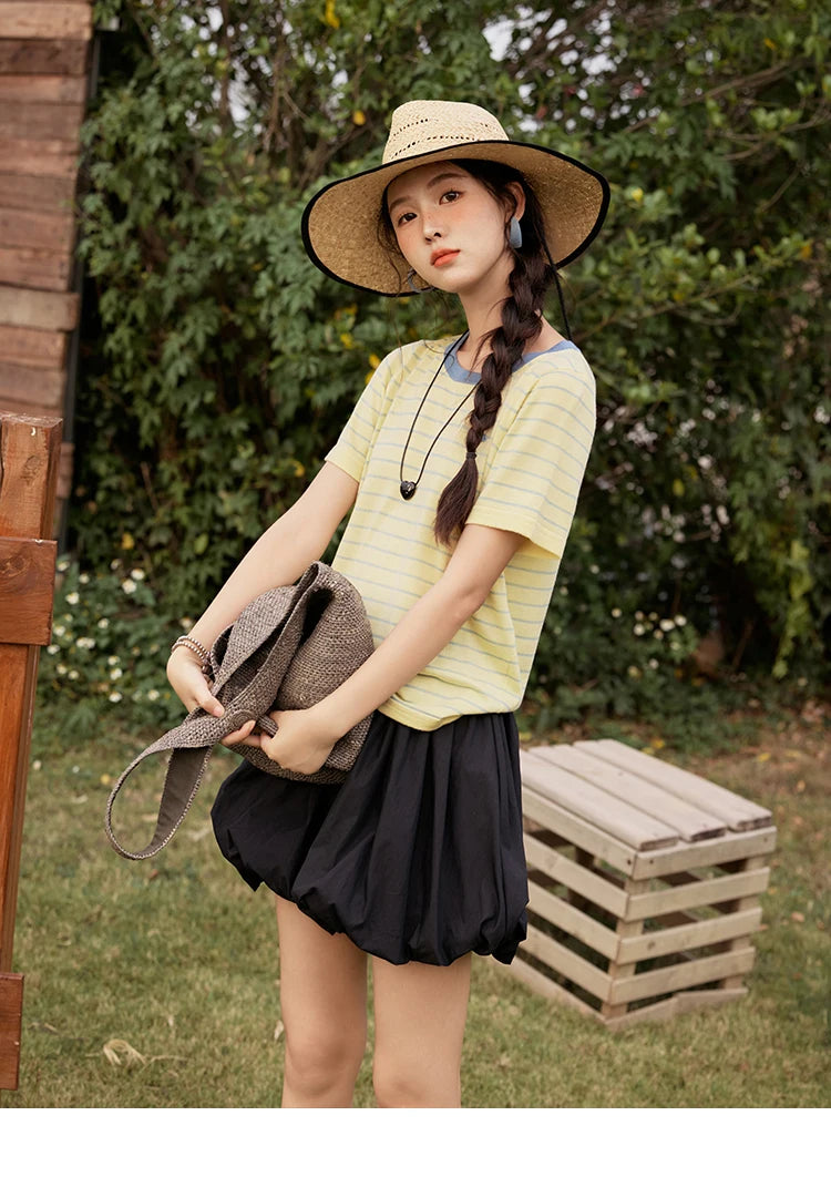 MISHOW Striped Knitted T-shirt for Women Summer 2025 Color Contrasting Round Neck Tees Wool Blended Slim Casual Top MXE35Z1270