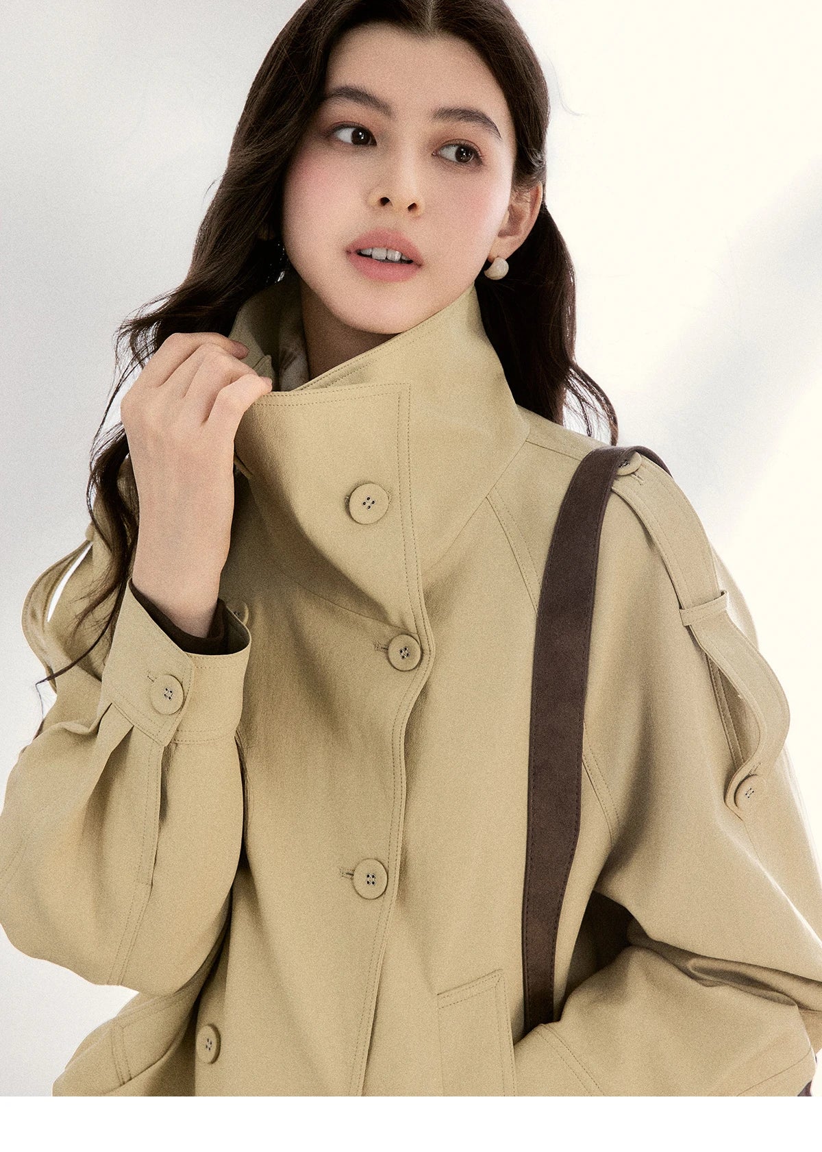MISHOW Women's Khaki Cropped Short Leather Jacket 2026 Spring Lapel Stand Collar Double Breasted Casual Loose Coat MXF108W1000