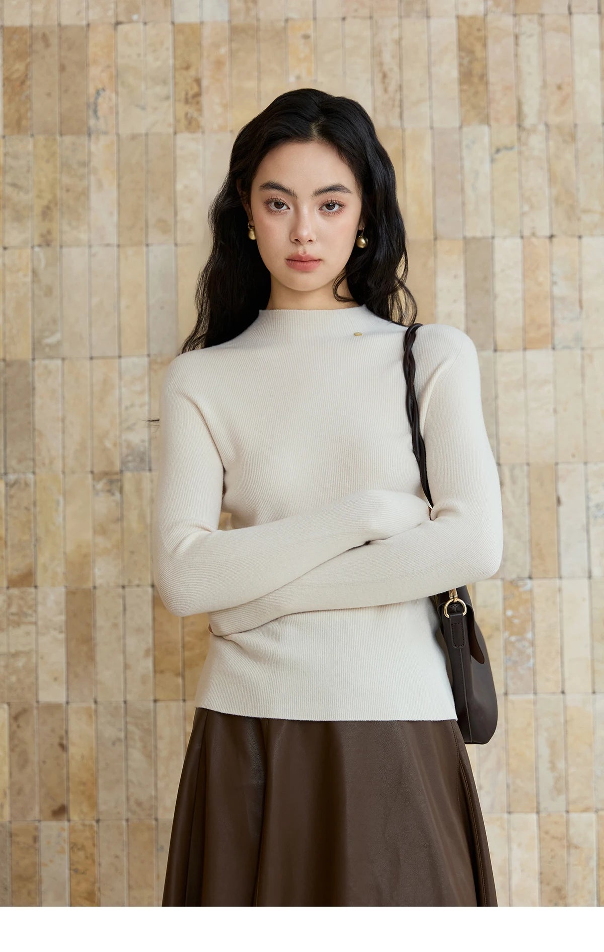 MISHOW Woman Long-sleeved Tops 2025 Autumn Winter Minimalist Mock Neck Knited Top Commute Casual Slim Pullover Woman MXE48Z2583