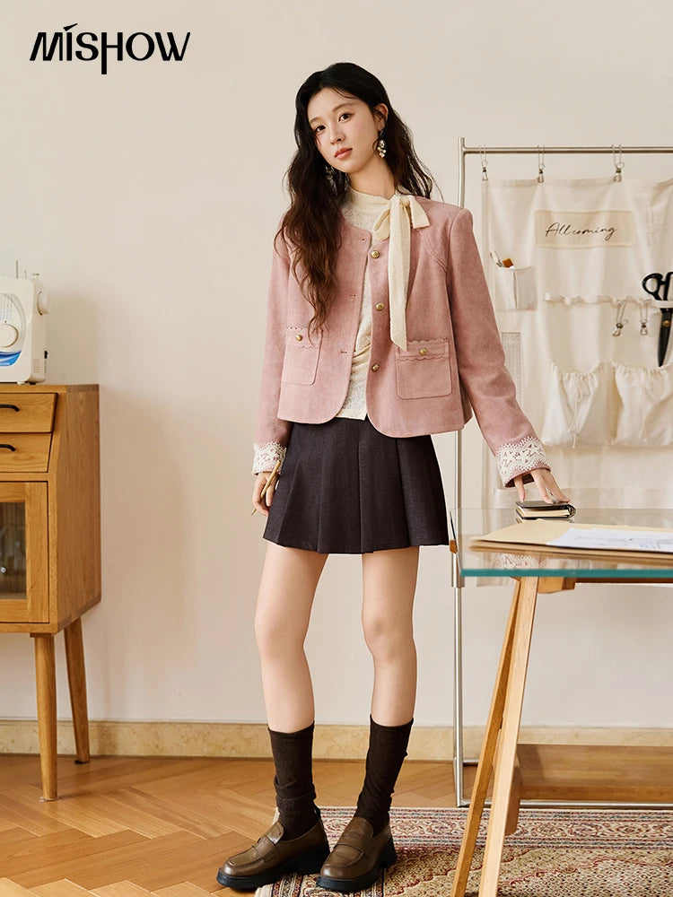 MISHOW Fragrant Suede Jacket for Women Autumn 2025 Cuffs Hollowed Out Lace Short Coats O-neck Metal Button Jackets MXE46W0839