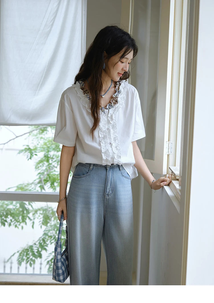 MISHOW Fashion V-neck Shirt for Women Summer 2025 Thin Short Sleeve Patchwork Double Layer Fungus Edge Button Top MXE35X1793