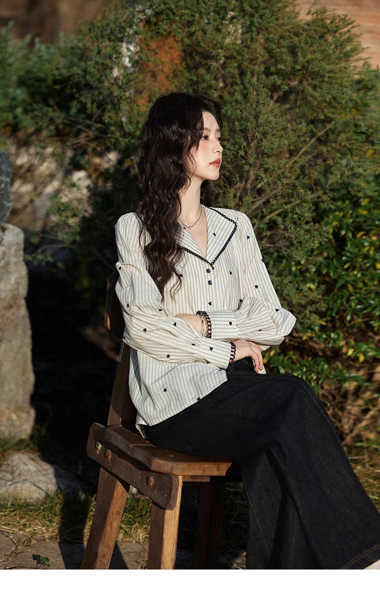 MISHOW Striped Bubble Sleeve Shirt for Women 2025 Spring French Retro Love Embroidered Top 100 Cotton V-neck Shirts MXE12C0390