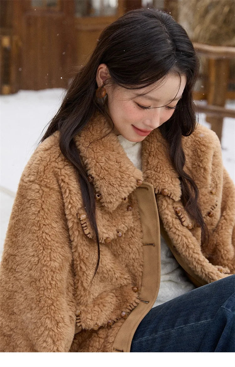 MISHOW Faux Lambskin Coat Women 2025 Winter Retro Turn-down Collar Brown Coat Office Lady Loose Warm Casual Jackets MXE89W0896