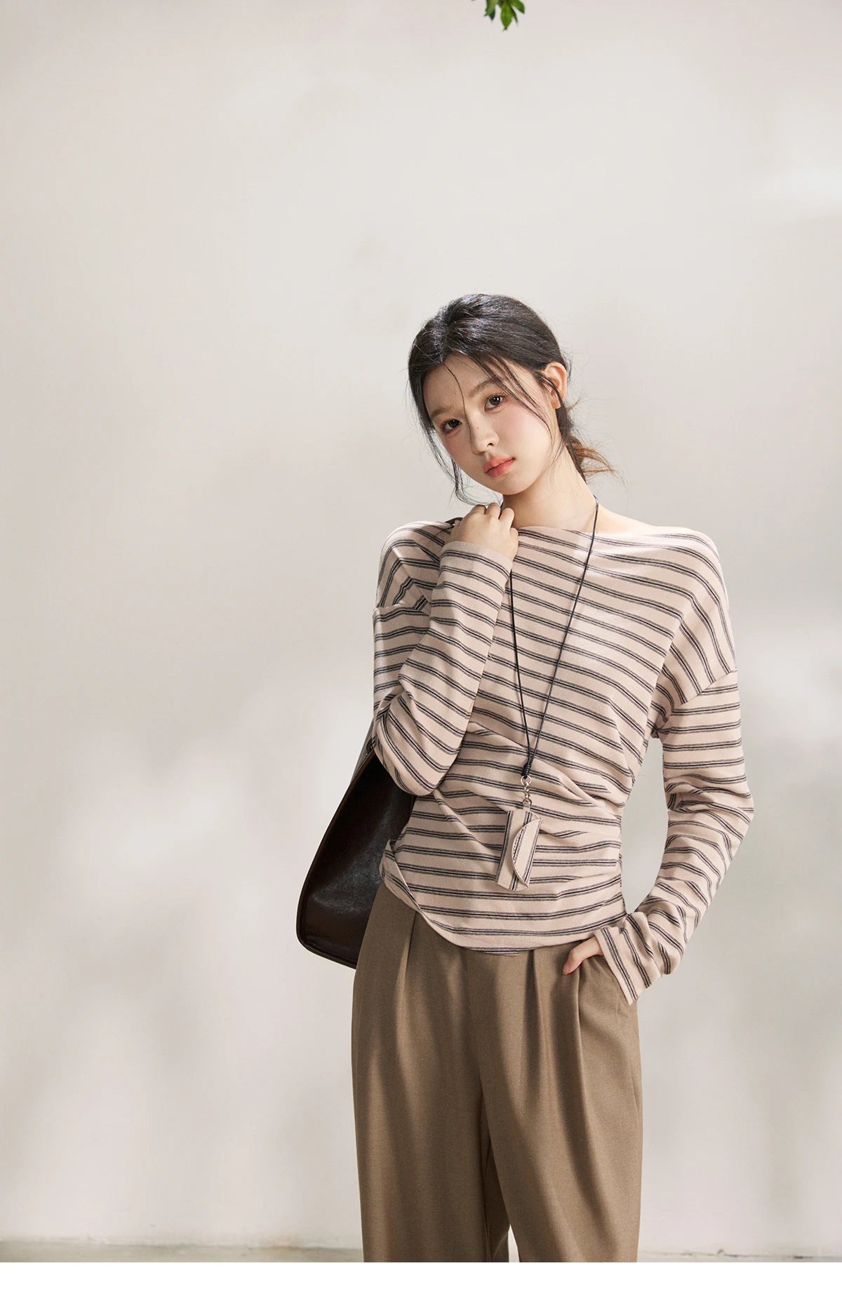 MISHOW Striped Boat Neck Long Sleeve Tops 2026 Spring Ruched Side SlimCasual Soft Breathable T-Shirt with Necklace MXF13T1514