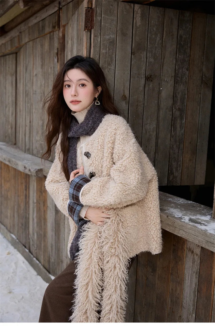 MISHOW Plaid Patchwork Curly Lambswool Coat Winter 2025 Women's Fashion Coat Double-Front Retro Casual Loose Jacket MXE87W0939