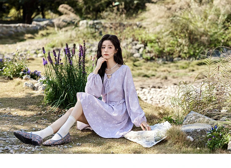 MISHOW Iris Chiffon Dress for Women Spring 2025 Waist Slim Black Fungus Edge Straps Dresses Purple Floral Fairy Dress MXE13L2095