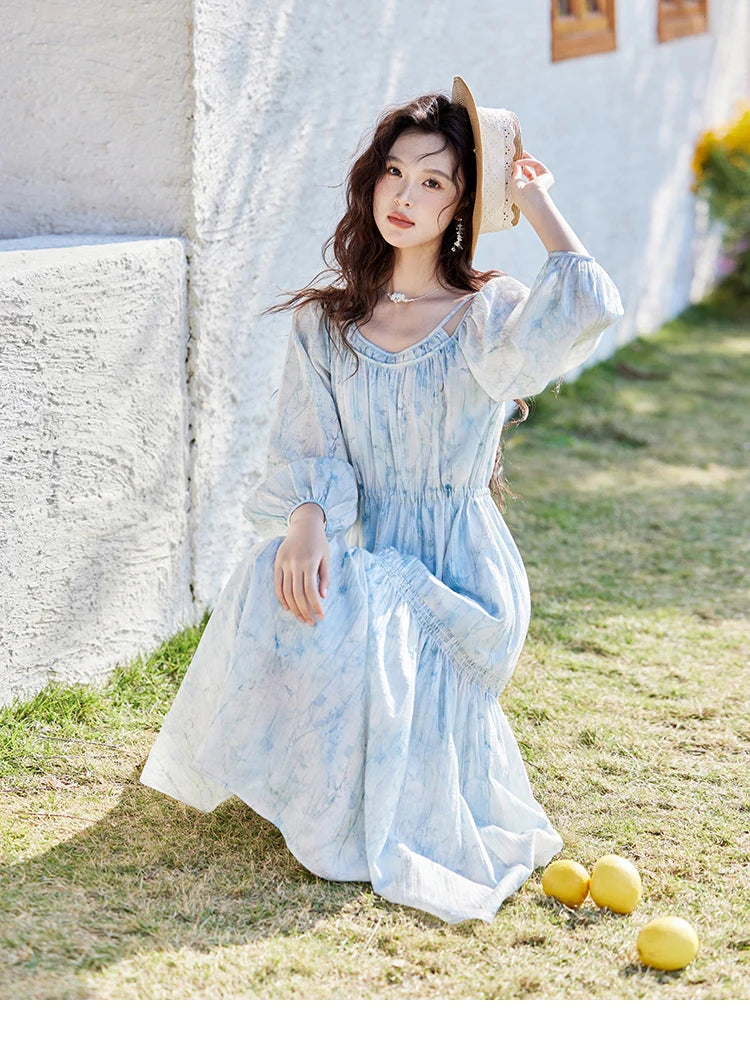 MISHOW Printed Blue Blending Chiffon Vacation Dress Spring 2025 Drawstring Waist Long Dress Lantern Sleeve Dresses MXE16L2114