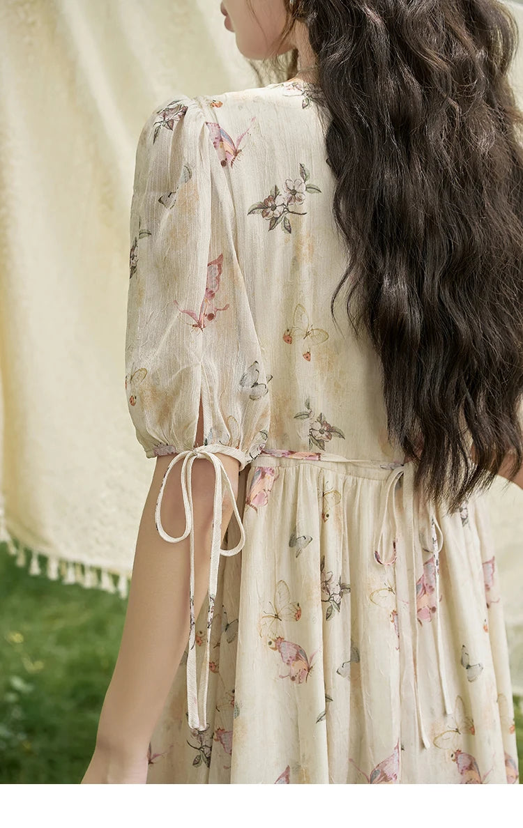 MISHOW Butterfly Printing Dress for Women 2025 Summer Luxury Elegant V-neck Lace-up Bubble Sleeves Slim Long Dress MXD15L1778