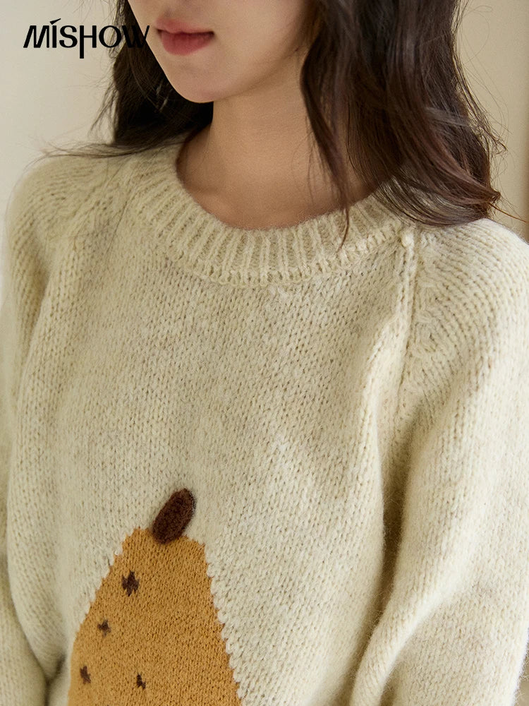 MISHOW Pear Pattern Jacquard Knitted Sweater Autumn Winter Crew Neck Loose Sweaters Wool Blend Warm Pullover Tops MXE94Z2959