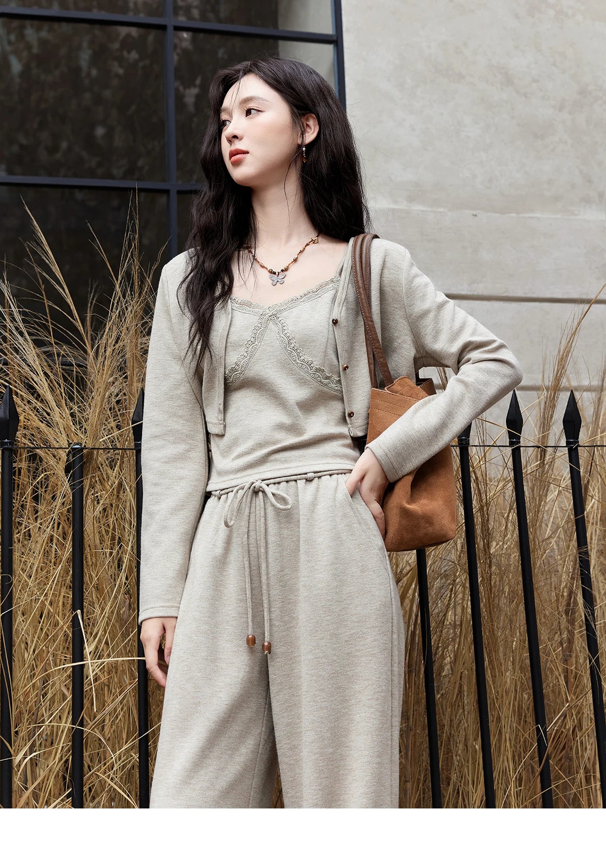 MISHOW French Women Lace Splicing Camisole Cardigan Straight Pants Separately Solid Top Elastic Waisted Pants MXD47T0405