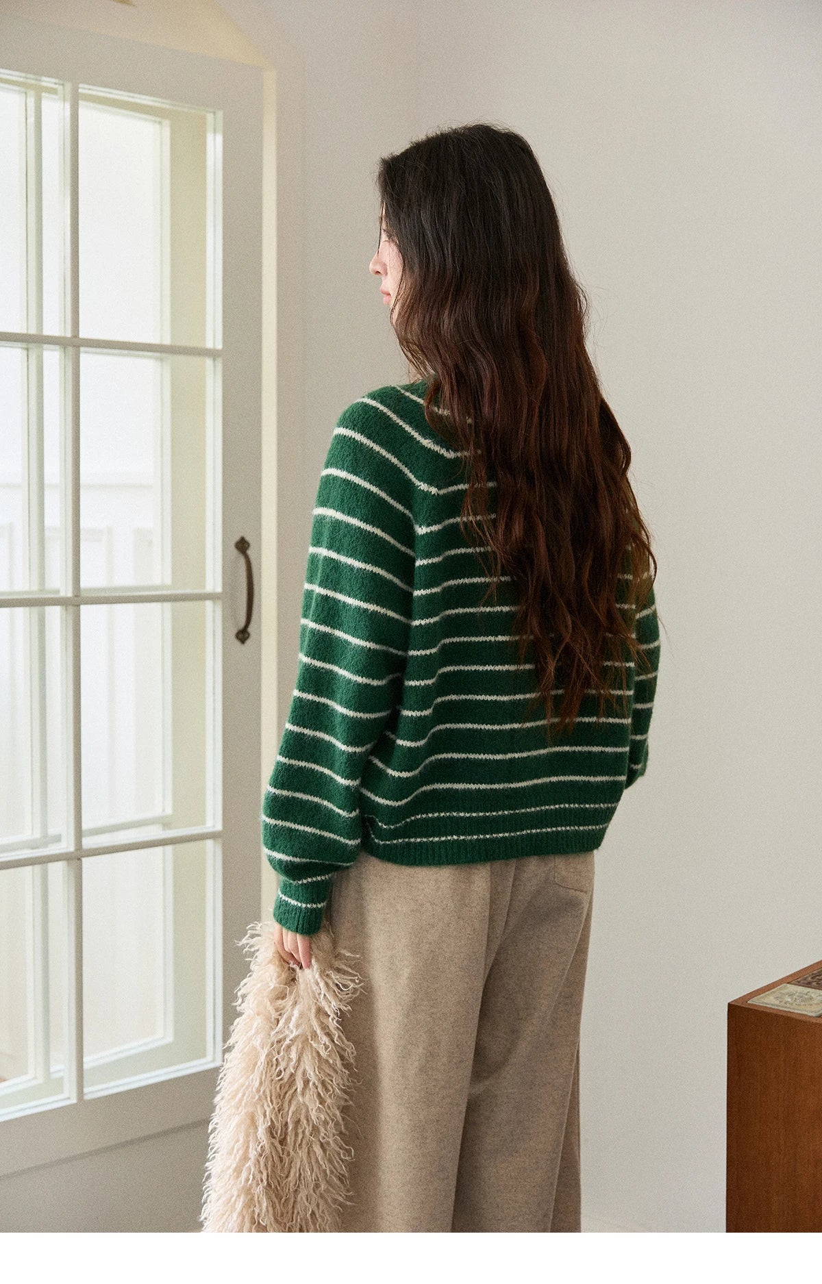 MISHOW Green Striped Cardigans for Woman 2025 Winter Knitted Cardigan Wool Blend Loose Retro Crew Neck Knit Sweater MXE86Z2735