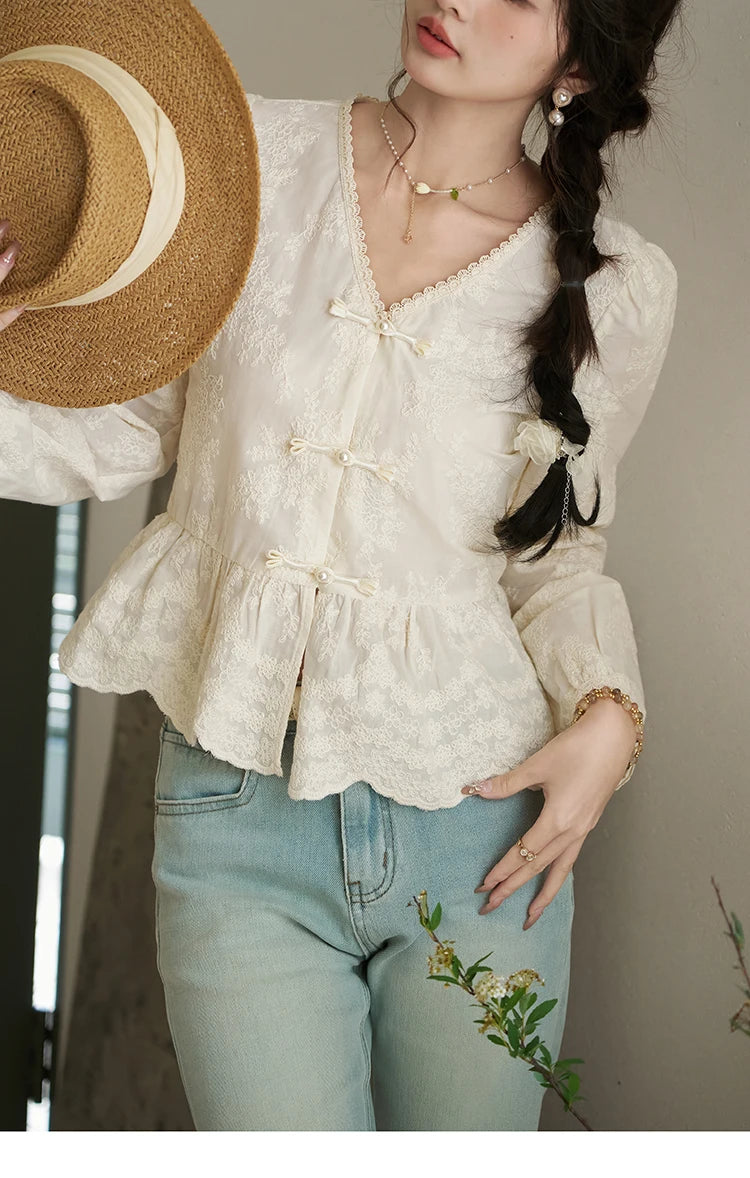 MISHOW Chinese Lace Blouses French Sweet Three-dimensional Embroidery Spring 2024 Button Up V-neck Long Sleeved Top MXD14X1433