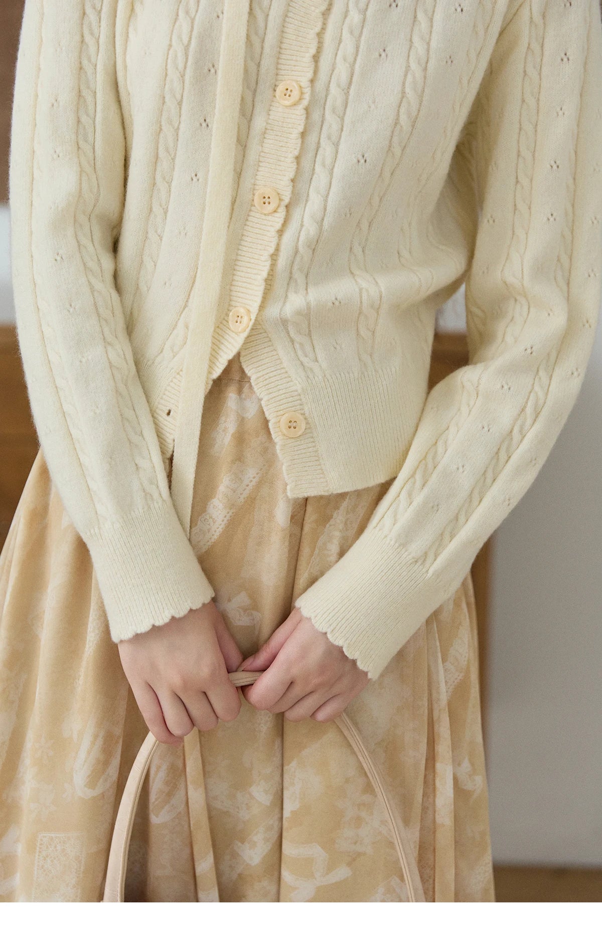 MISHOW Women's Beige Cable Knit Cardigan 2026 Spring Square Neck Long Sleeve Slim Casual Knitwear with Flower Ribbon MXF11Z2903