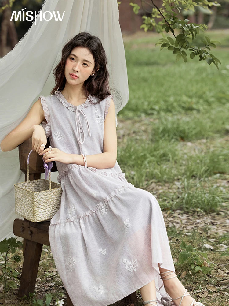 MISHOW Summer Embroidered Dress for Women 2025 New Round Neck Ruffled Sleeveless A-line Midi Dresses Female Fashion MXE33L2231
