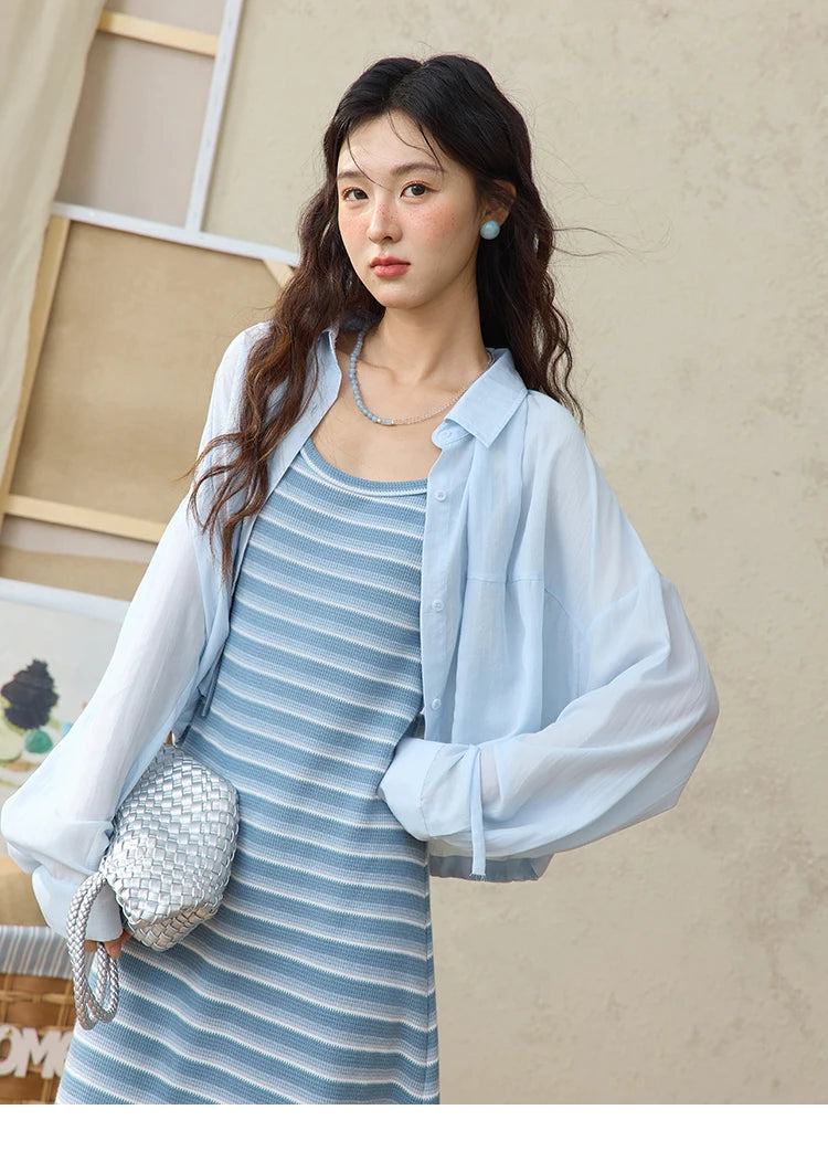 MISHOW Women's Blue Striped Camisole Dress Lyocell Shirt Separately Summer 2025 Lapel Solid Shirt O-neck Strap Dress MXE34L2285
