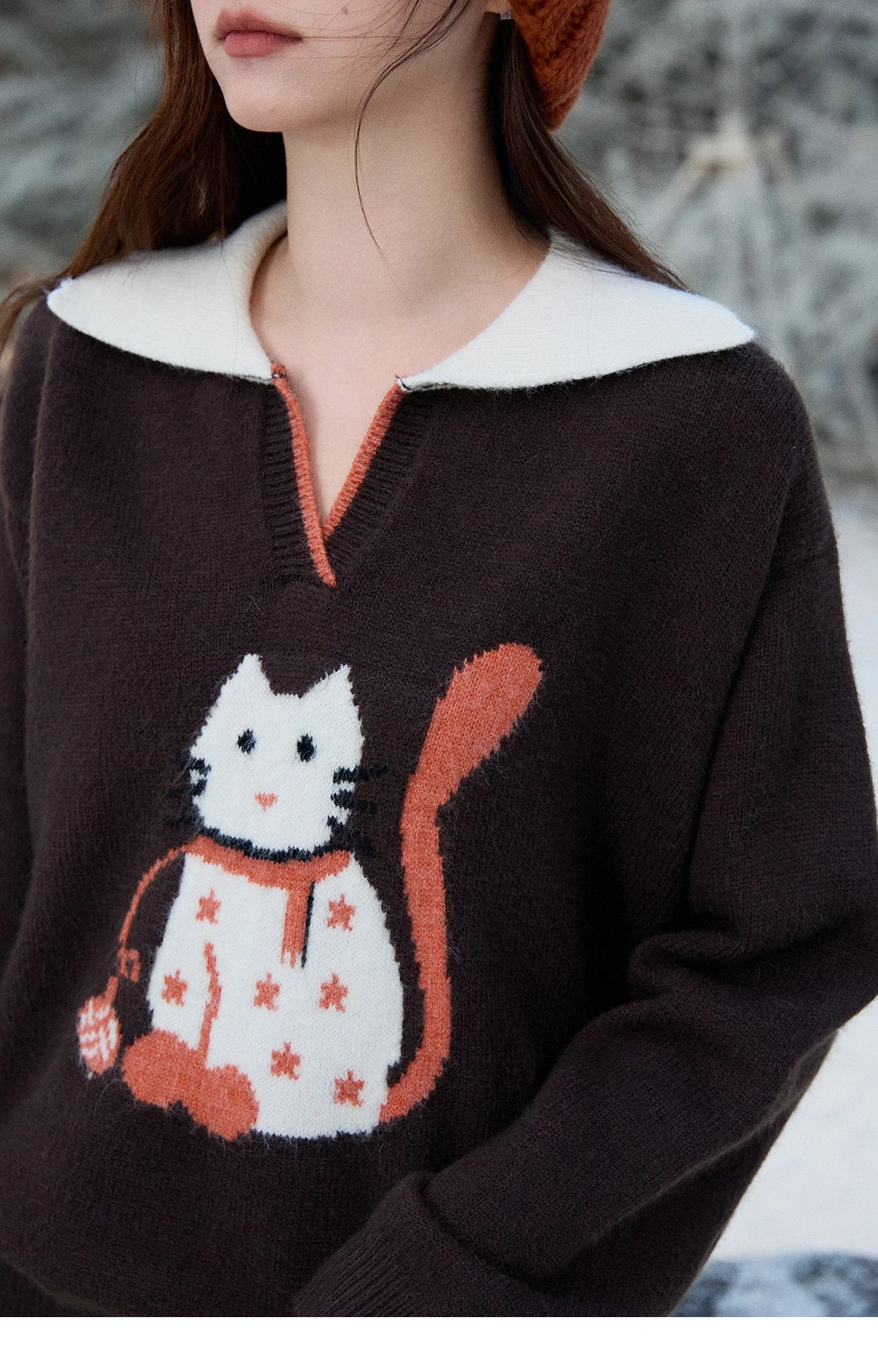 MISHOW Women's Retro Arctic Fleece Cat Sweater 2025 Autumn Winter Color Block Lapel 3D Jacquard Thick Knitted Top MXE90Z2835