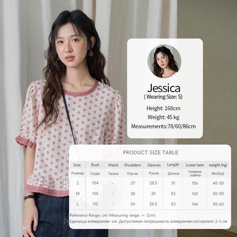 MISHOW Women's Blouse Fashion Pink Polka Dot Short Top 2025 Summer Sweet Puff Sleeve Blouse Casual Female Clothing MXE37X1900