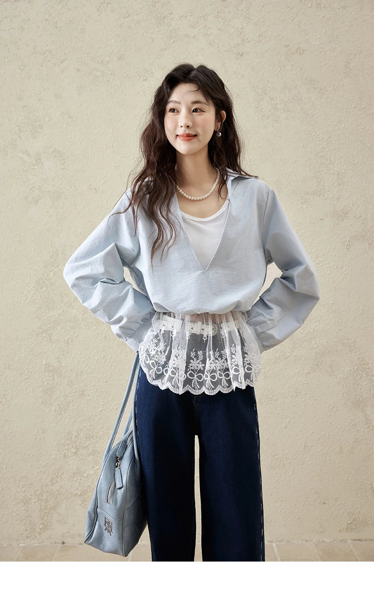 MISHOW French Spring Shirts Women 2025 Long Sleeve Turn-down Collar Fake Two-piece Blouses Female Splicing Lace Tops MXE16C0783