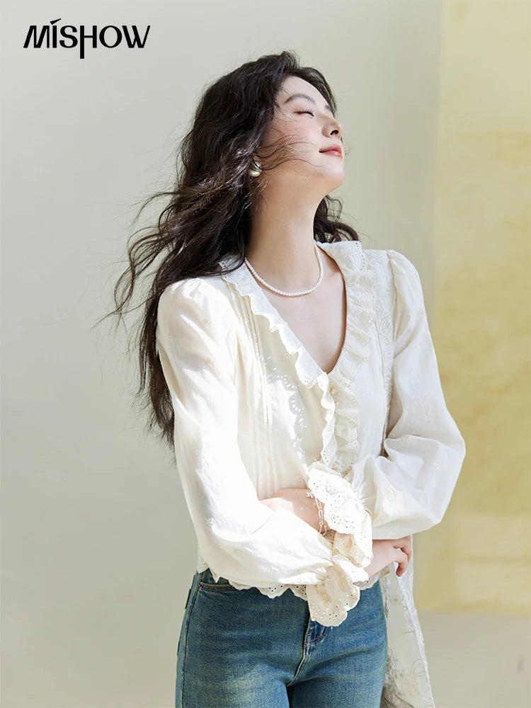 MISHOW Spring New French Shirts for Woman 2025 Long Sleeve V-neck Solid Loose Blouses Women Fashion Versatile Tops MXE14X1732