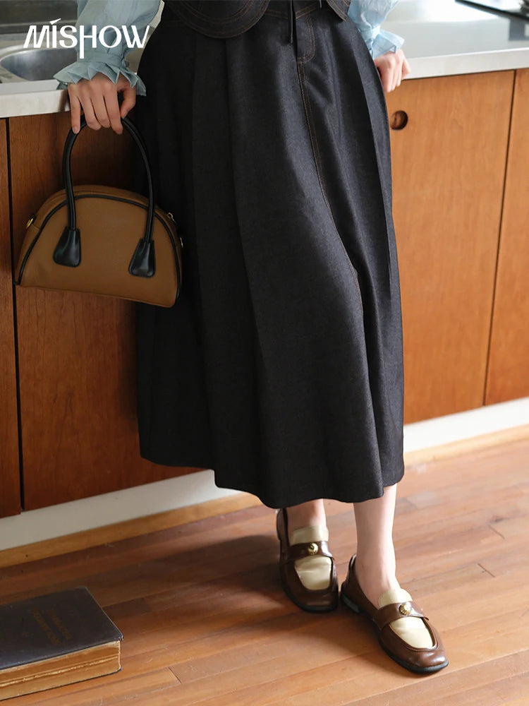 MISHOW High Waist Pleated Umbrella Denim Skirt 2025 Autumn A-LINE Deep Blue Skirts Female One Button Casual Skirts MXE41B2372