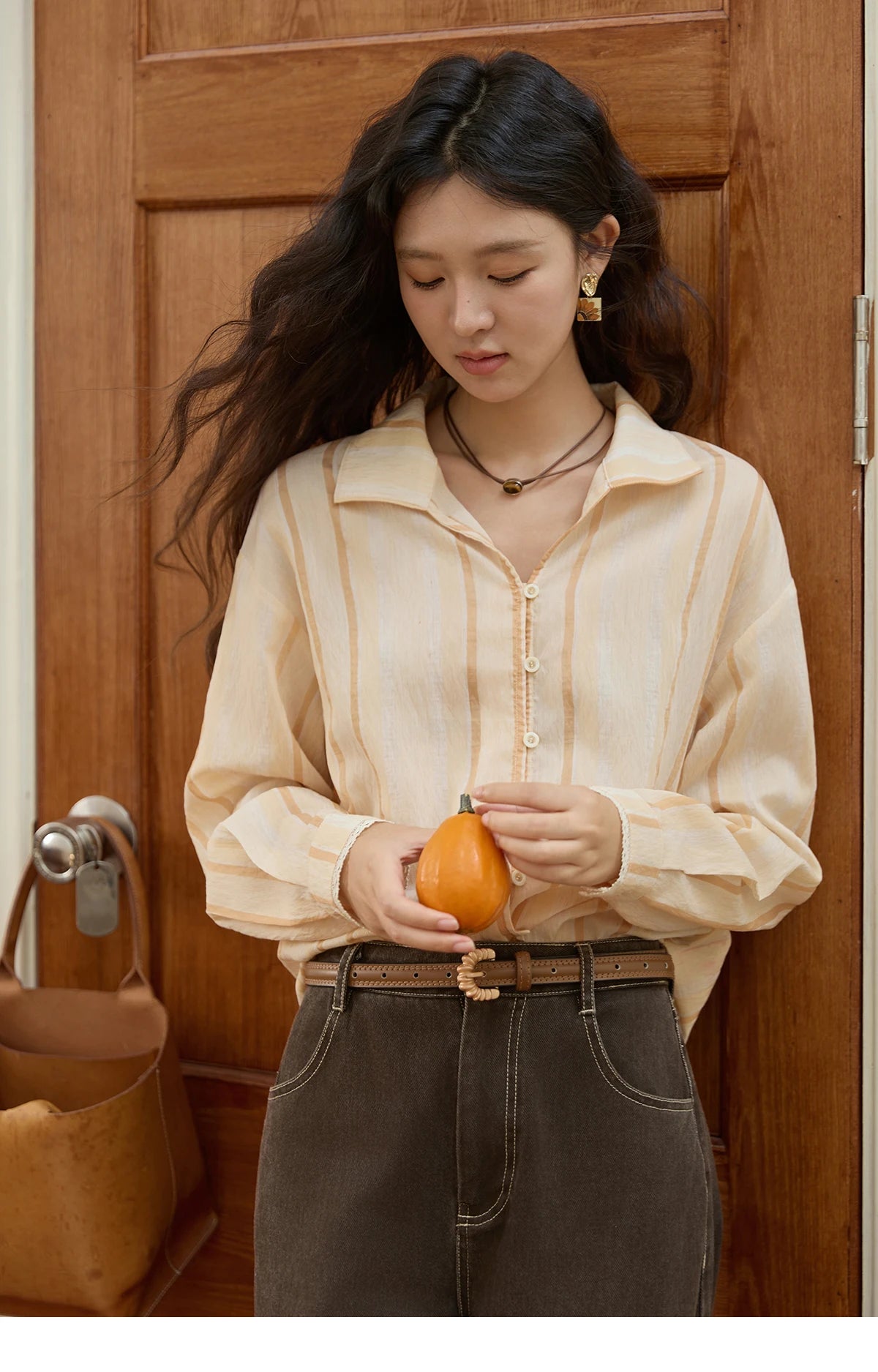 MISHOW Women's Korean Orange Stripe Linen Shirt 2025 Autumn Lapel Collar Lace Trim Cuffs Breathable Shirt Office Lady MXE43C2379