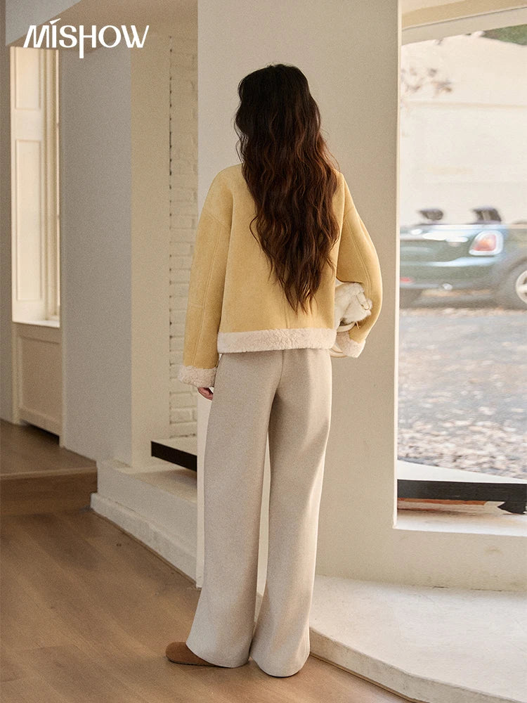 MISHOW Woman Yellow Jackets 2025 Winter Suede Fur Collar Short Coat Luxury Comfortable Single-breasted Commuter Coat MXE89W0897