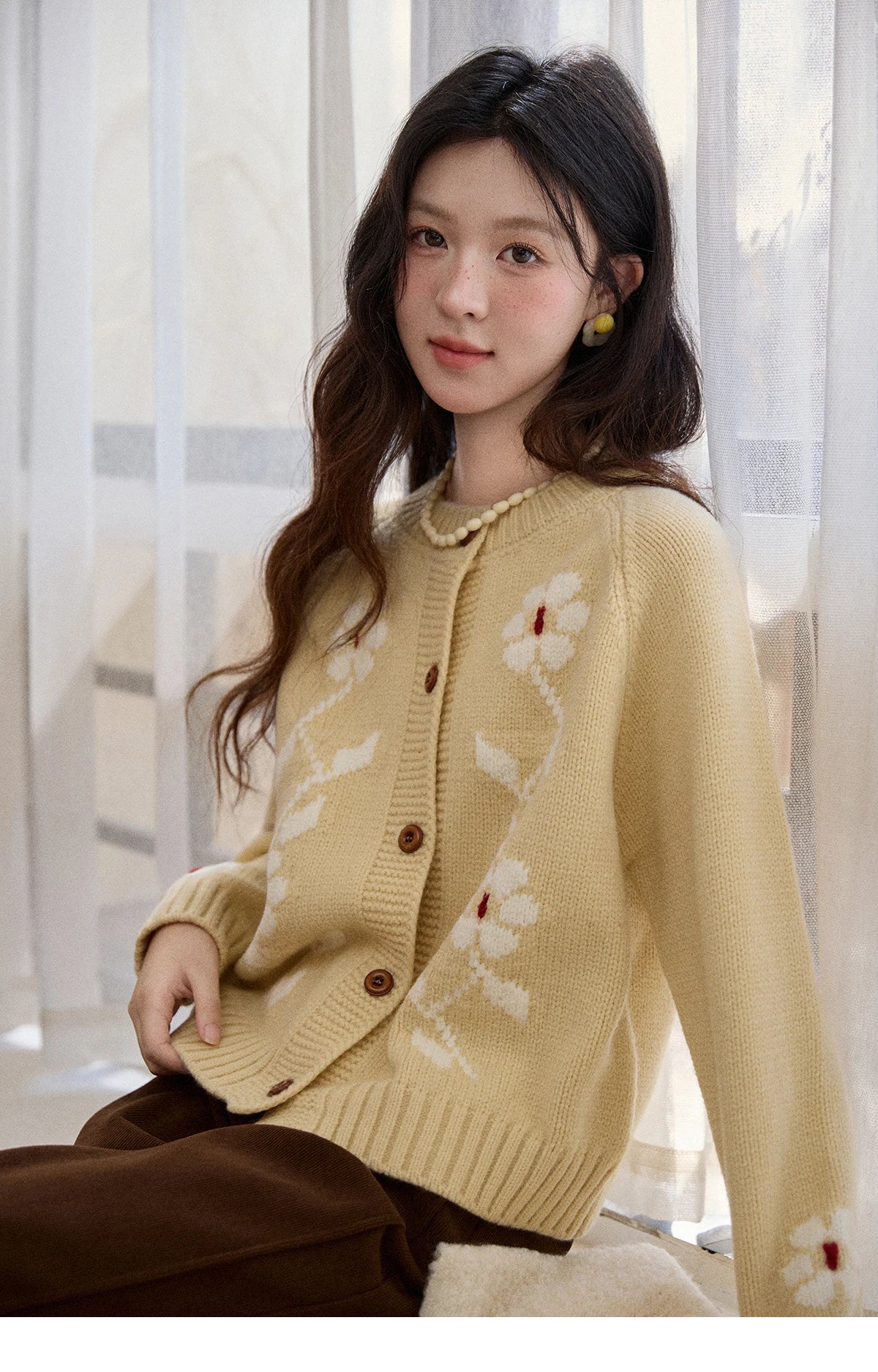 Mishow Yellow Floral Jacquard Retro Cardigan MXE86Z2738