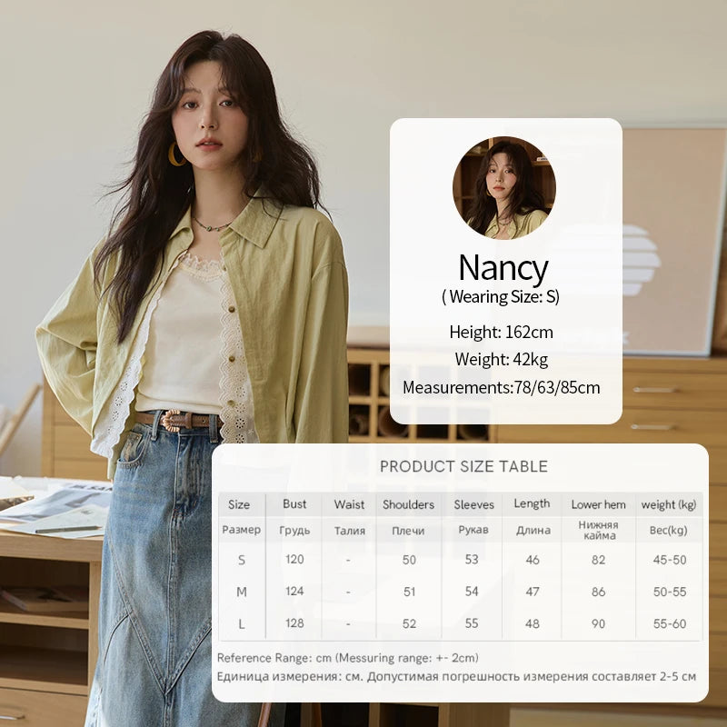 MISHOW Women's Top Green Fake Two Piece Shirt 2025 Autumn Lace Patchwork Lapel Shirts Rear Hem Elastic Short Shirt MXE41C2348