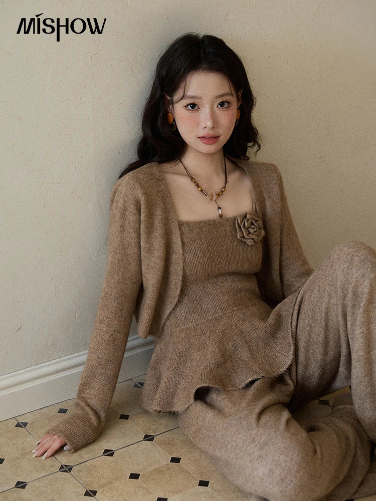 MISHOW Khaki Knitted Three-Piece Winter Set for Woman RetroThree-Dimensional Floral Camisole Cardigan Wide-Leg Pants MXE87T1449