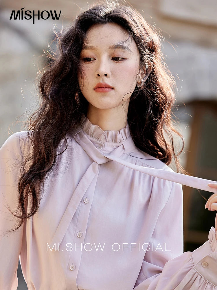 MISHOW French Ribbon Stringy Selvedge Neck Shirt for Women Spring 2025 Slim 100 Lyocell Shirts Solid Commuter Tops MXE13C0383