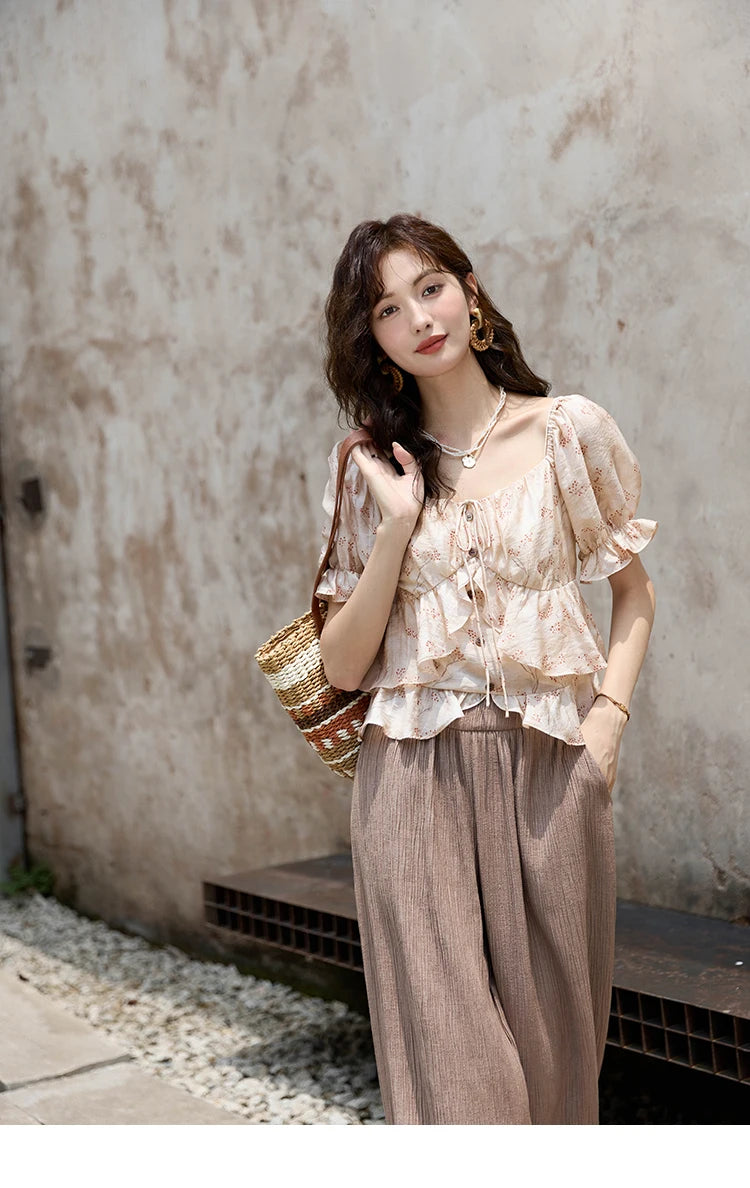 MISHOW French Floral Print Square Neck Shirt for Women 2025 Summer Bubble Sleeve Patchwork Double-layer Ruffle Tops MXD30X1565