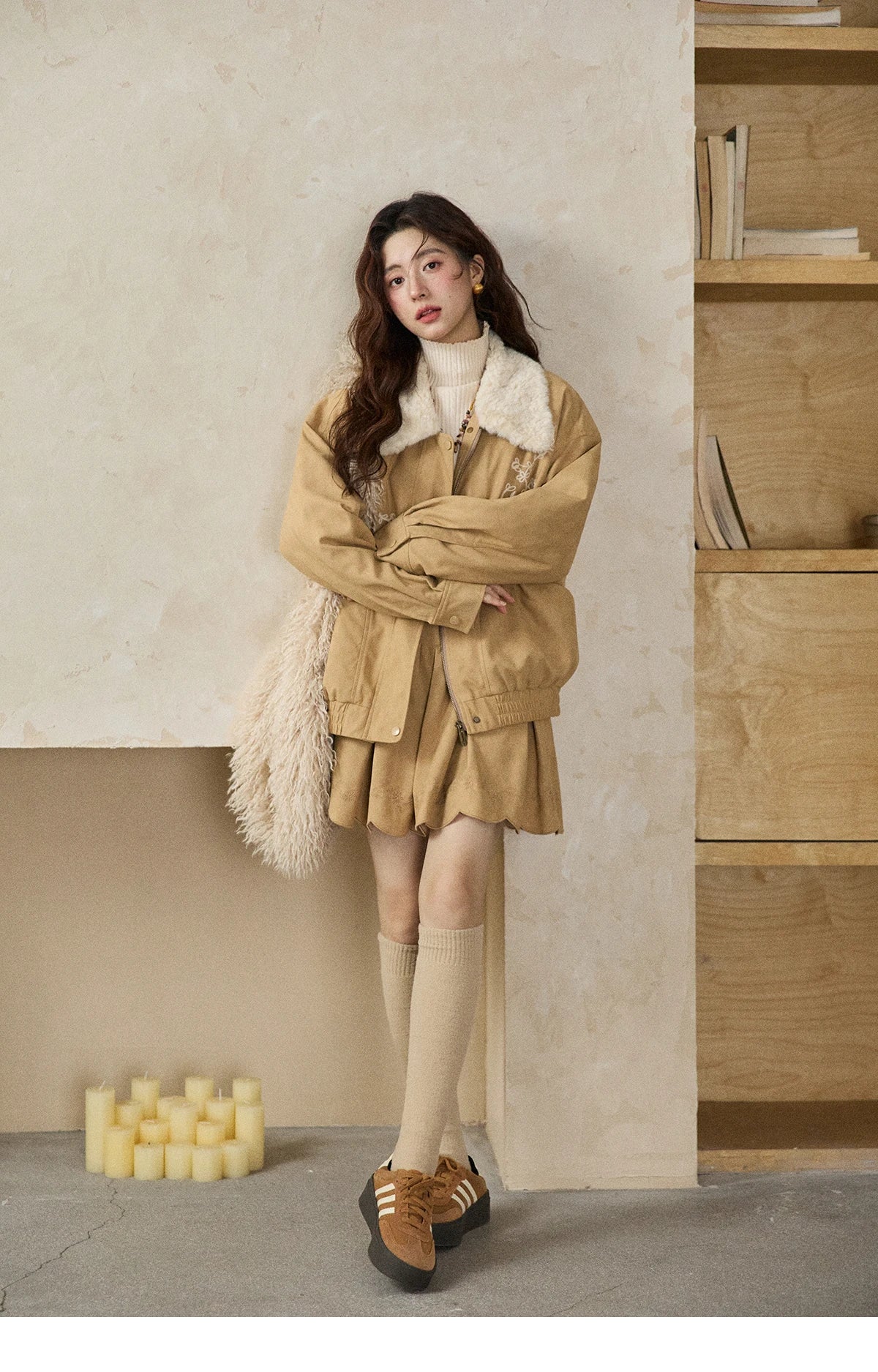 MISHOW Women's Floral Embroidered Jacket 2025 Winter French Style Yellow Plush Lapel Zip-up Coat Loose Warm Jacket MXE87W0932