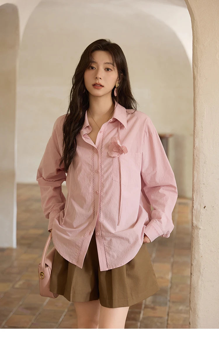 MISHOW 100% Cotton Shirt For Women Autumn 2025 New Fashion Petal Ribbon Button Long Sleeves Shirt Women's Clothing MXE41C2349