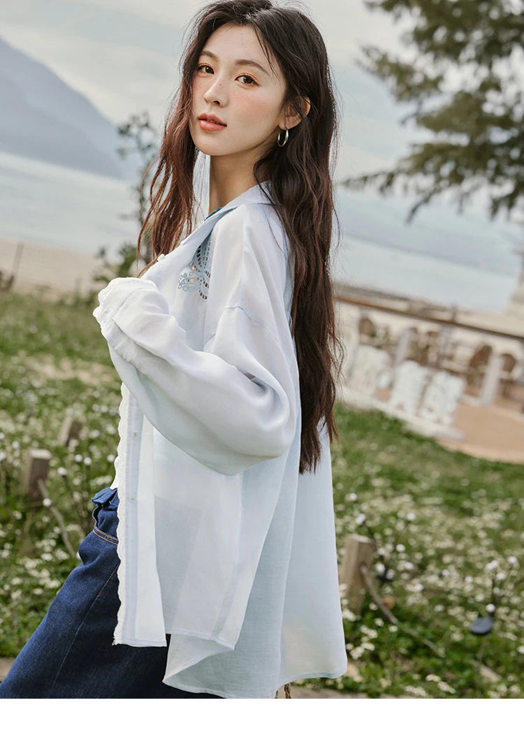 MISHOW Blue Office Lady Shirts Women 2025 Summer New Round Neck Long Sleeve Hollow Embroidery Blouses Female Fashion MXE31C0775