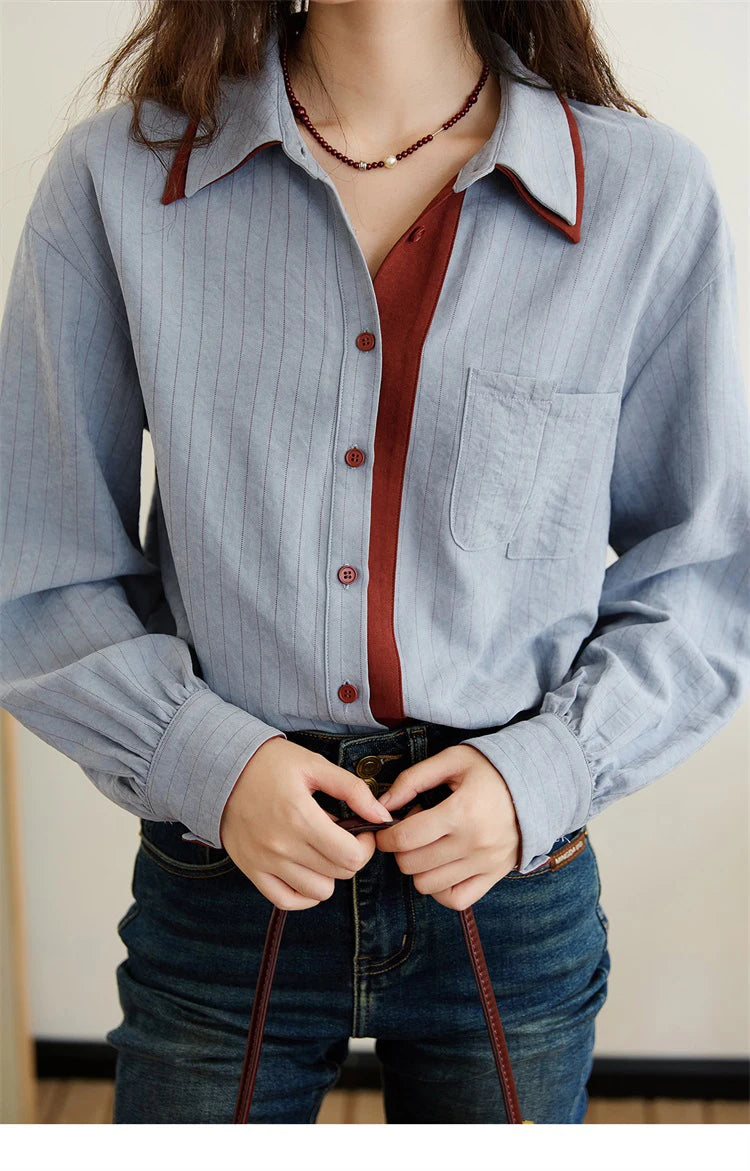 MISHOW Striped Shirt for Women Autumn 2025 Blue Red Splicing Contrasting Color Shirts Laple Loose Retro Commute Top MXE46C2405