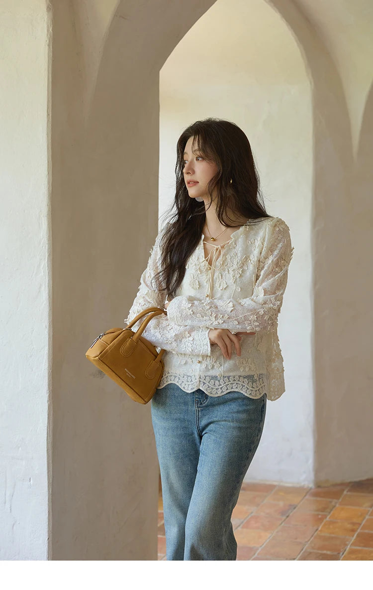 MISHOW Apricot Lace Jacquard Embroidered Shirt 2025 Autumn Black Fungus Edge Lace-up Vintage Commuter Top Office Lady MXE41X1927