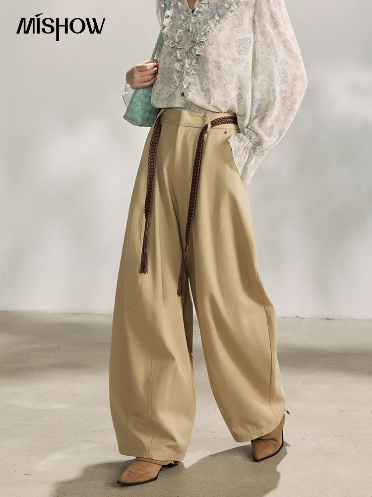 MISHOW Women's Khaki Wide Leg Pants 2026 Spring High Waist Belted Pants Rear Fake Pocket Design Casual Loose Trousers MXF13K1237