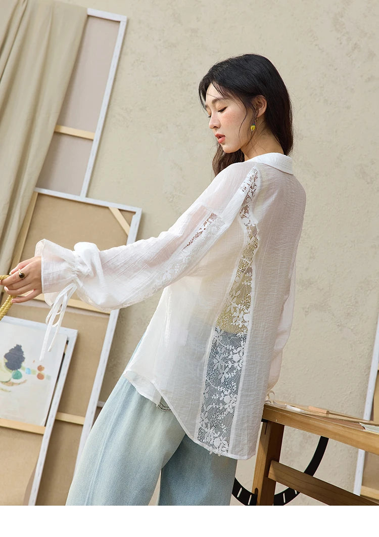 MISHOW Blend Patchwork Lace Cool Shirt Female Autumn 2025 Korean Loose Lapel Drop Sleeve Shirts Drawstring Cuffs Top MXE31C0789
