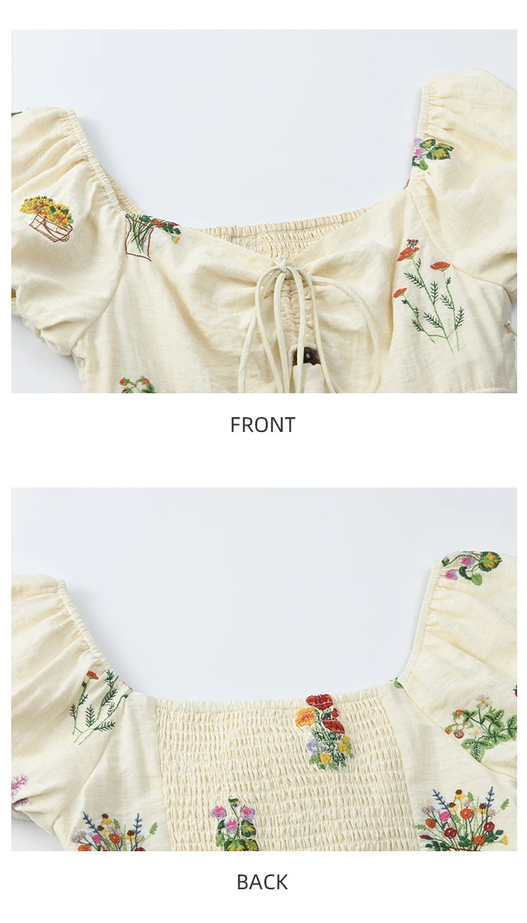 MISHOW Fashion Flower Embroidery Dress for Women Summer 2025 New Square Neck Lace Up Puff Sleeve Large Swing Dresses MXE37L2315