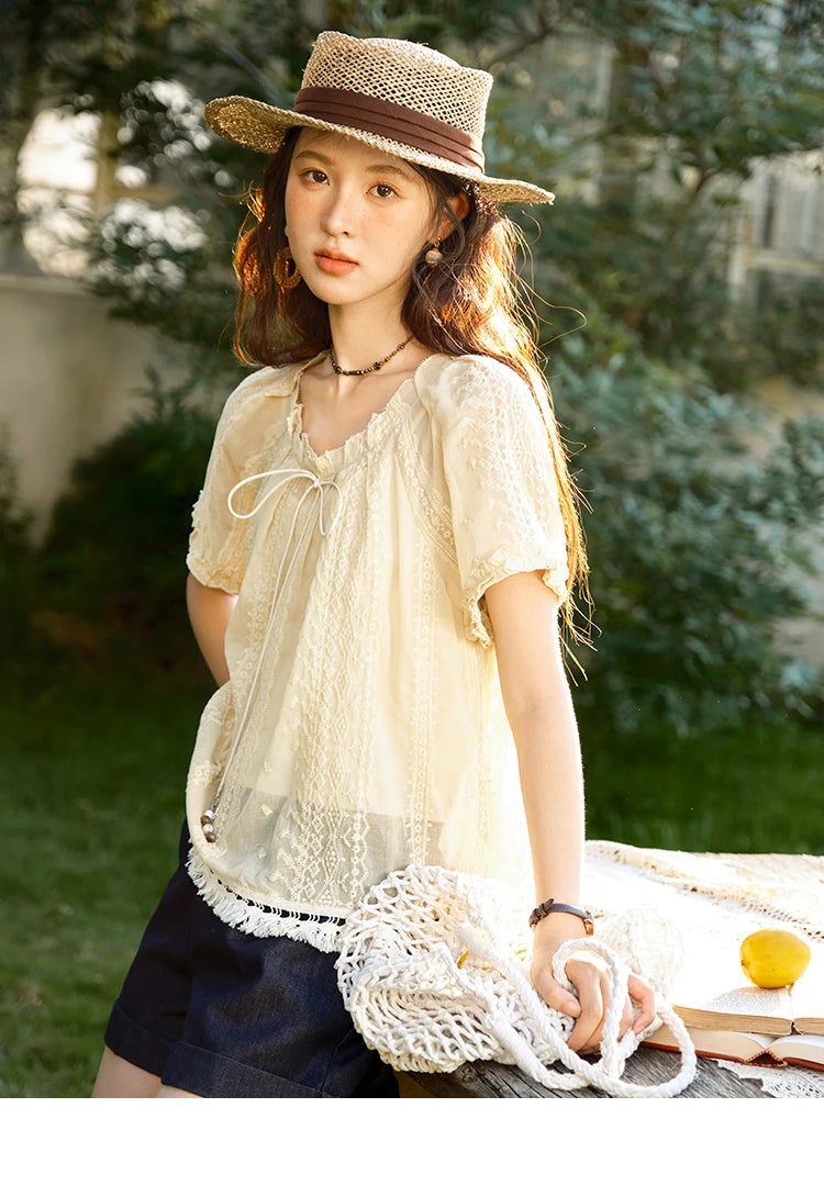 MISHOW Women's Embroidery Jacquard Blouse 2025 Summer New Fashion O-Neck Lace Up Short Sleeve Blouse Female Clothing MXE37X1861