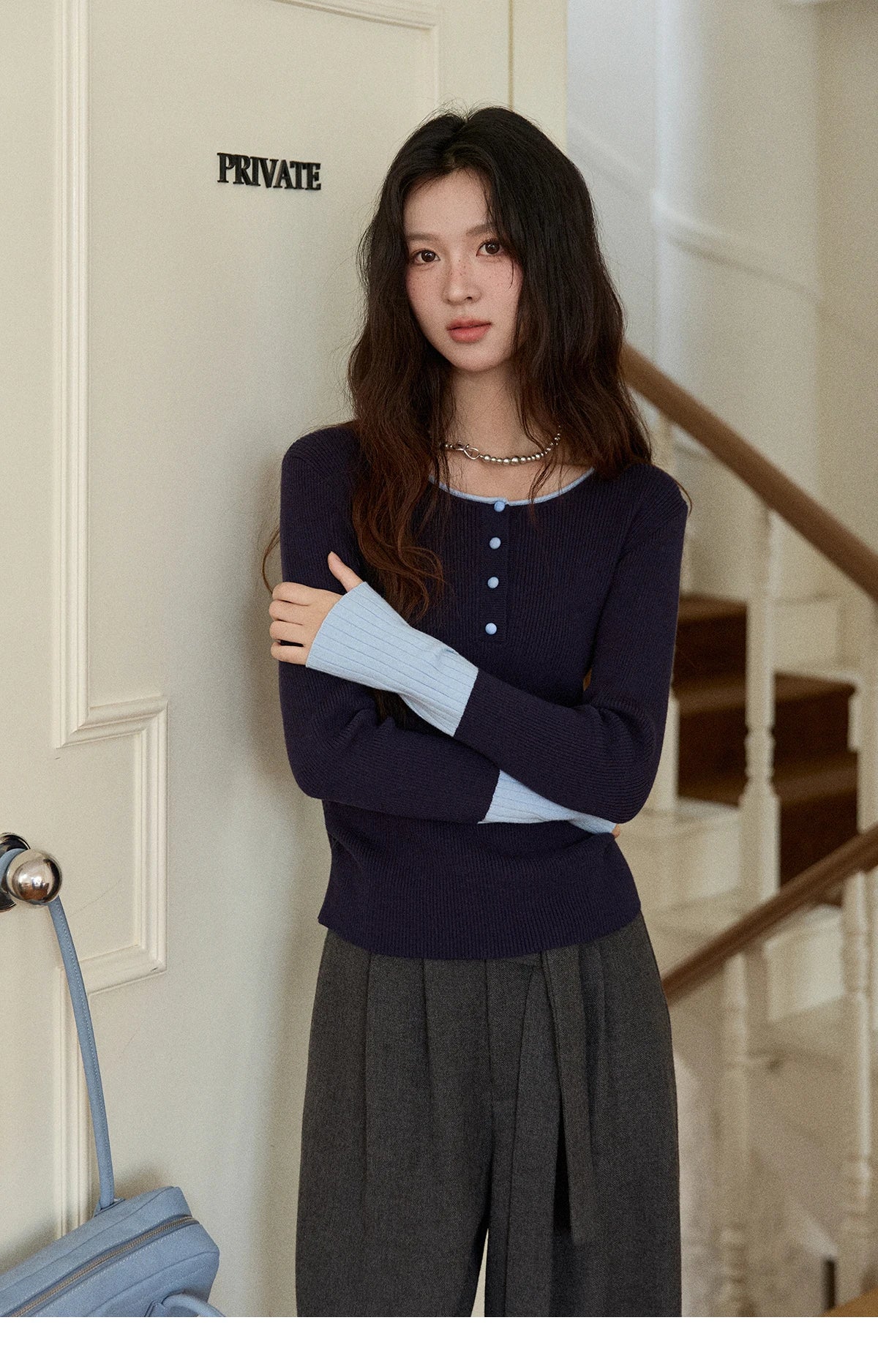 MISHOW Long Sleeves Sweater Women 2025 Winter New Retro Contrast Color Crew Neck Knit Top Comfortable Slim Sweater MXE89Z2639