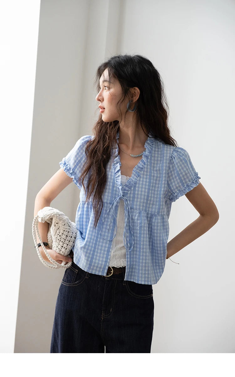 MISHOW Women's Plaid Blue Fake Two Piece Blouse 2025 Summer Fashion Puff Sleeve V-neck Lace Up Top Female Clothing MXE37X1901