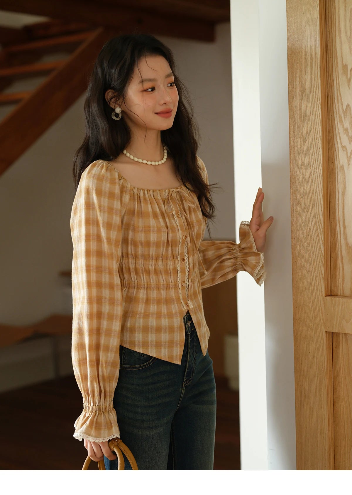 MISHOW Yellow Plaid Blouse for Women 2025 Autumn Korean Waist Square Neck Top Cuff Patchwork Lace Puff Sleeve Blouses MXE43X1986