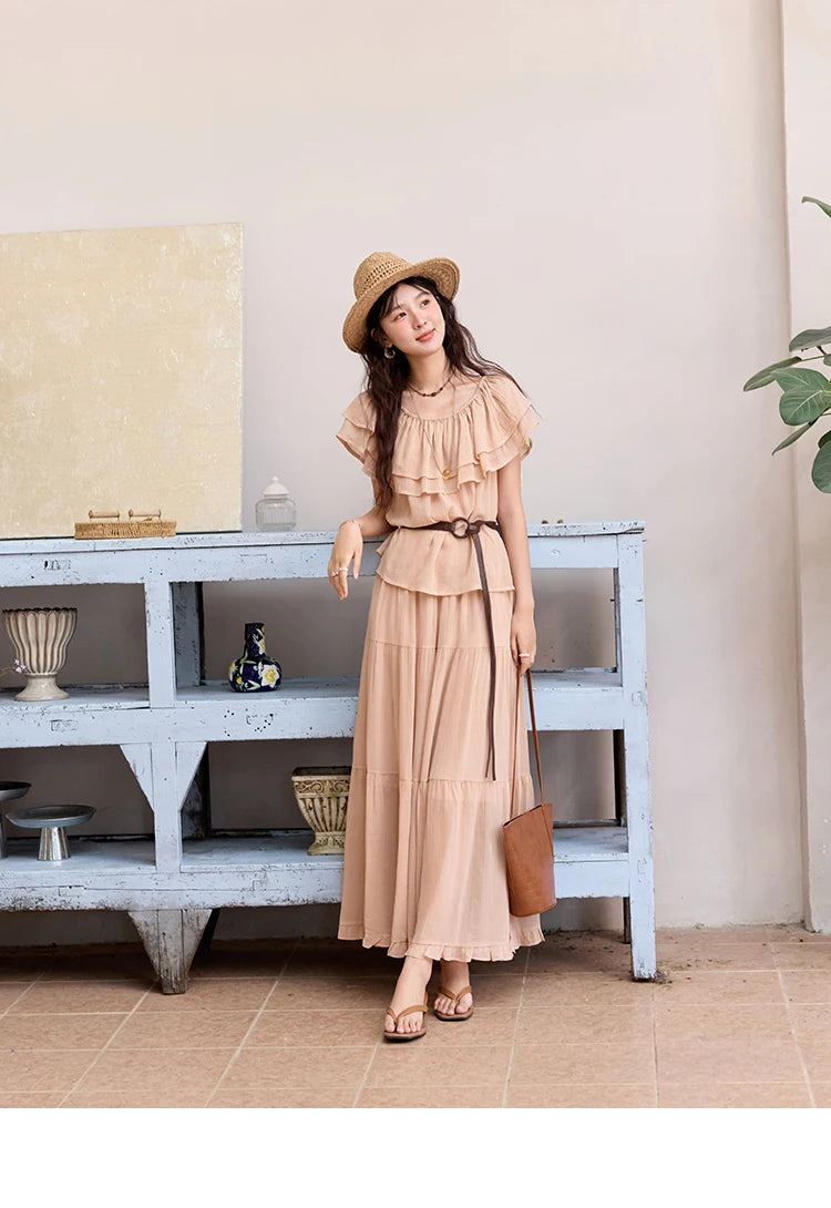 MISHOW Women Fashion Two-Piece Set 2025 Summer Loose Lotus Leaf Edge Off Shoulder Top Elastic Waist Skirt Ladies Set MXE36T0637