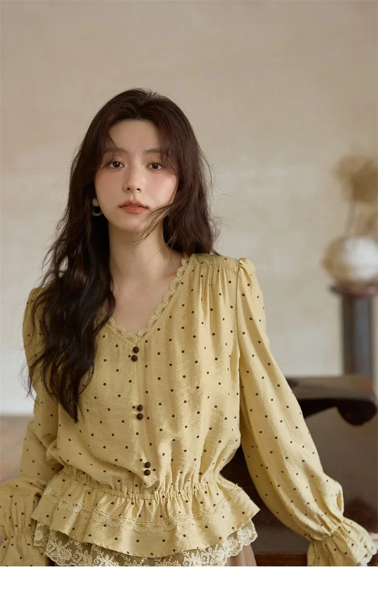 MISHOW Yellow Polka Dot Linen Blouse V-Neck Flare Sleeve MXE42X1975