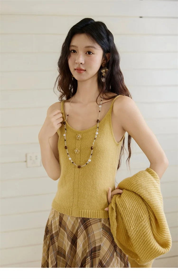 MISHOW Woman Two-piece 2025 Autumn Casual Yellow V-neck Knitted Cardigan Slim Fit Camisole Elegant Commute Top MXE45T0742