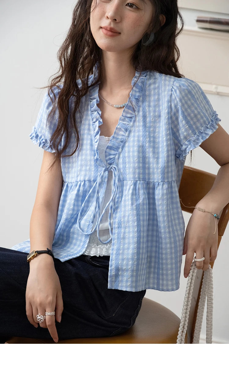 MISHOW Women's Plaid Blue Fake Two Piece Blouse 2025 Summer Fashion Puff Sleeve V-neck Lace Up Top Female Clothing MXE37X1901